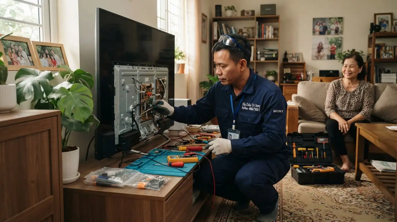 Kỹ thuật viên thực hiện đo đạc sửa tivi sony phường Đức Nhuận