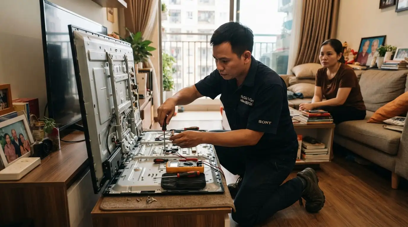 Thợ sửa tivi sony phường Hòa Bình thực hiện quy trình kỹ thuật