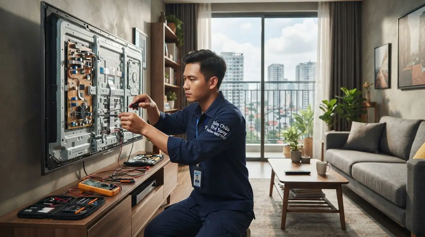 Kỹ thuật viên đo đạc kiểm tra bo mạch tivi Sony tại nhà phường Tân Định