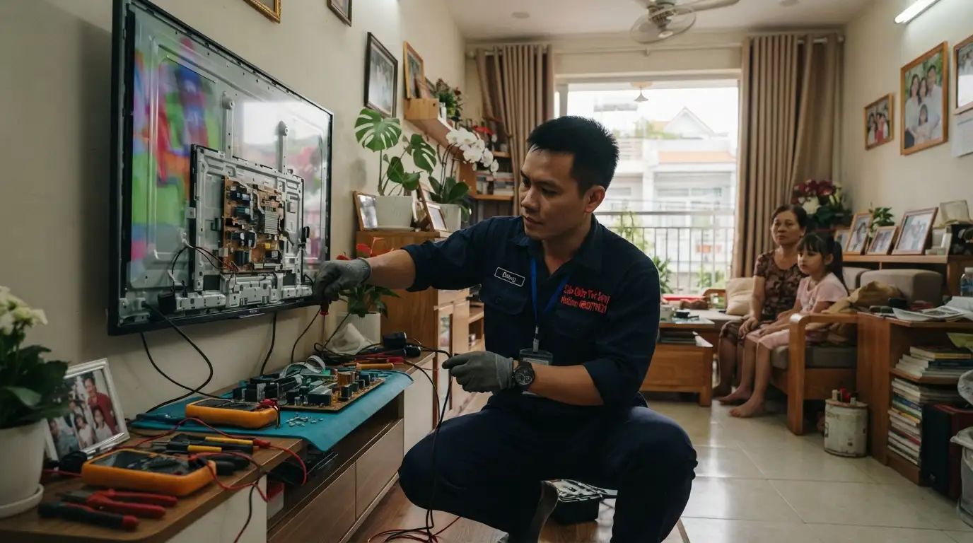 Thợ sửa tivi sony phường thới an thao tác tách vỏ máy cẩn trọng