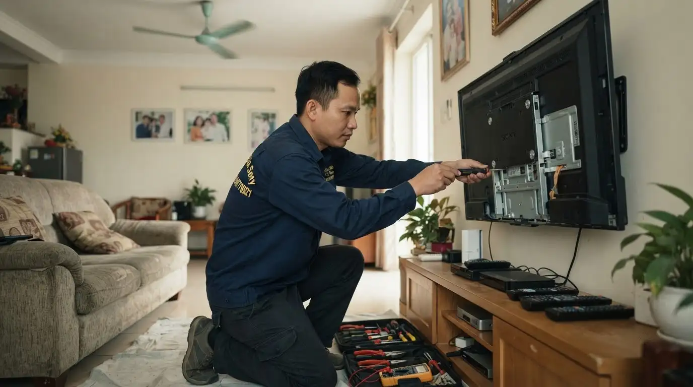 Kỹ thuật viên đo đạc bo mạch tivi Sony tại phường Vĩnh Hội