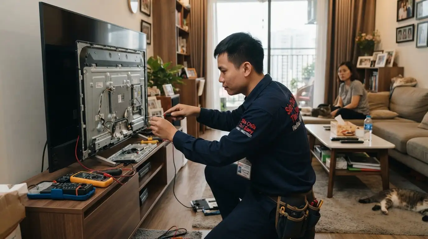 Kỹ thuật viên đo kiểm bo mạch sửa tivi sony quận 11