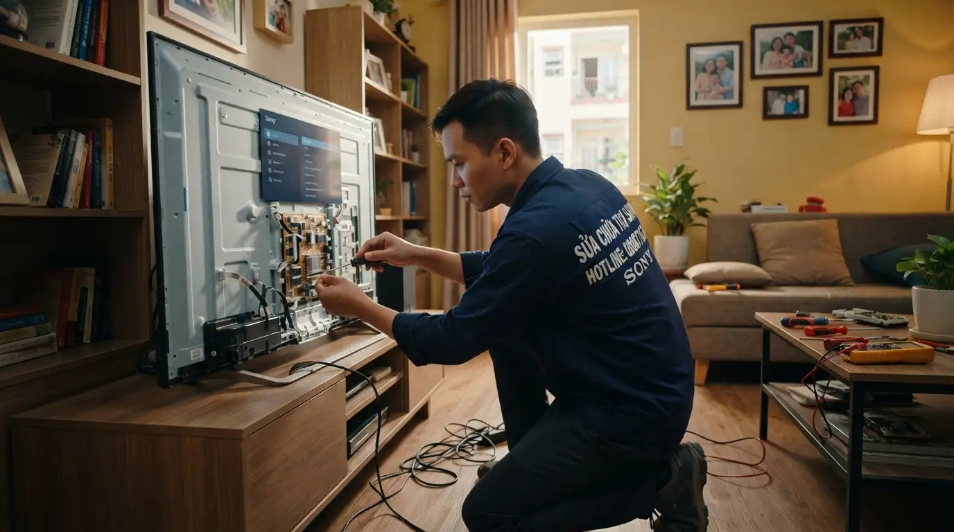 Kỹ thuật viên sửa tivi sony quận Tân Phú đo kiểm tra linh kiện