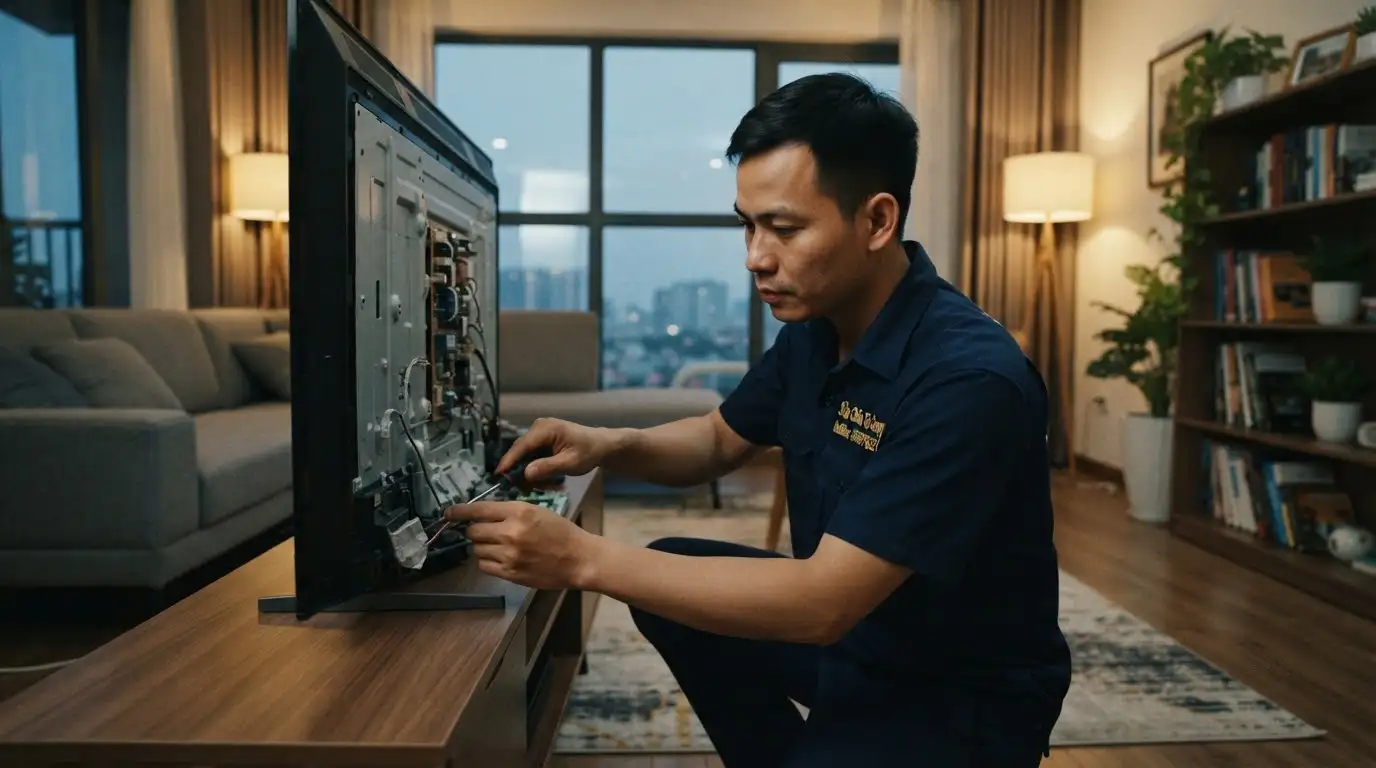 Kỹ thuật viên đo đạc và thay thế bo mạch xử lý tivi Sony