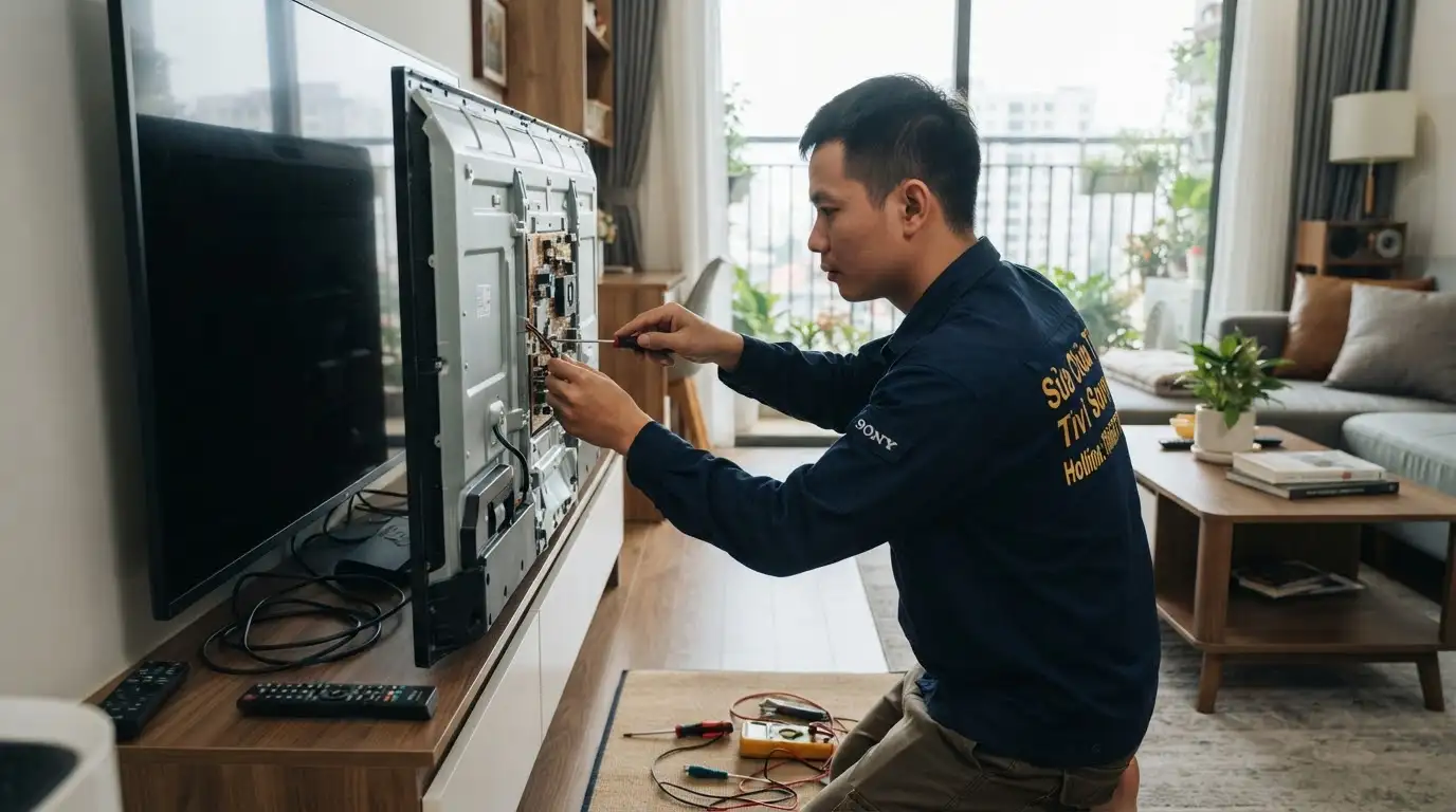 Kỹ thuật viên kiểm tra tivi sony không vào được netflix tại nhà