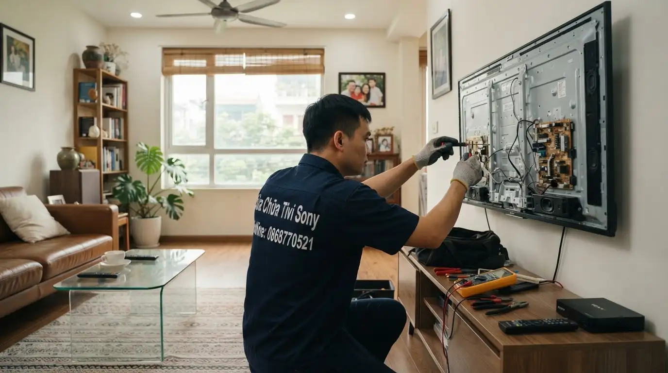 Kỹ thuật viên đo đạc cuộn dây loa tivi Sony chính hãng