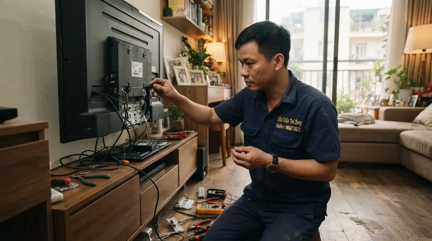 kỹ thuật viên xử lý tivi sony mất hình bằng máy móc chuyên dụng