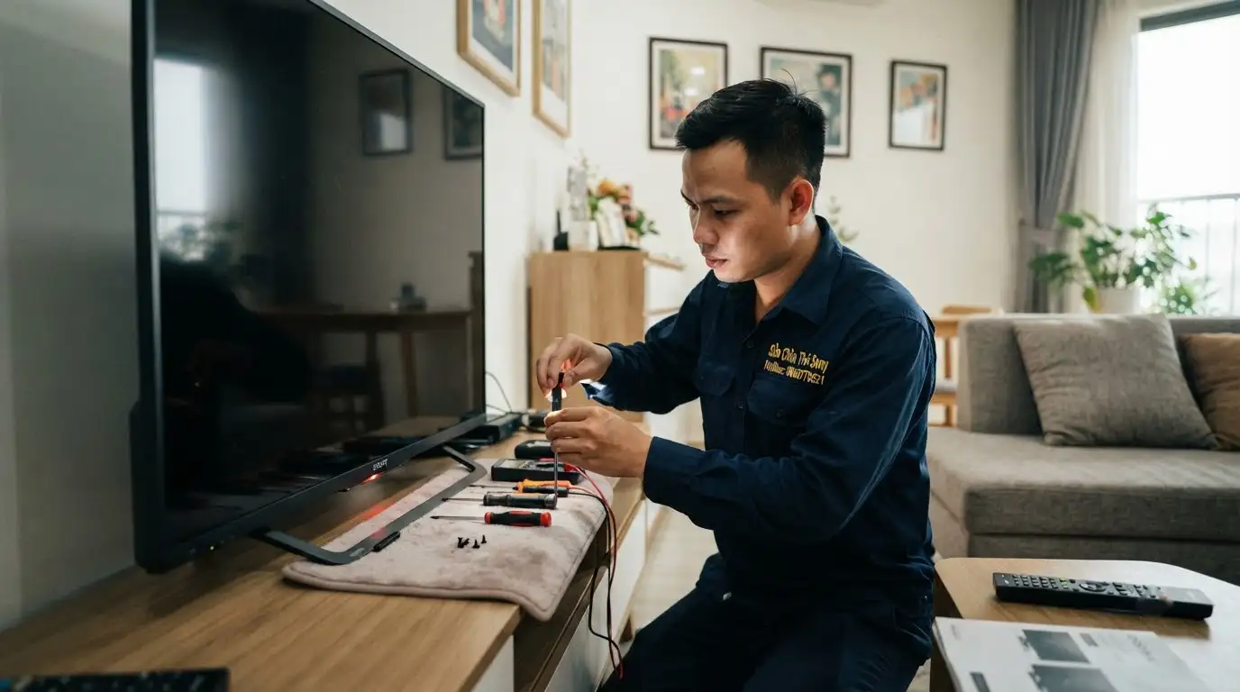 Kỹ thuật viên kiểm tra tivi sony nháy đèn đỏ 5 nhịp bằng đồng hồ đo
