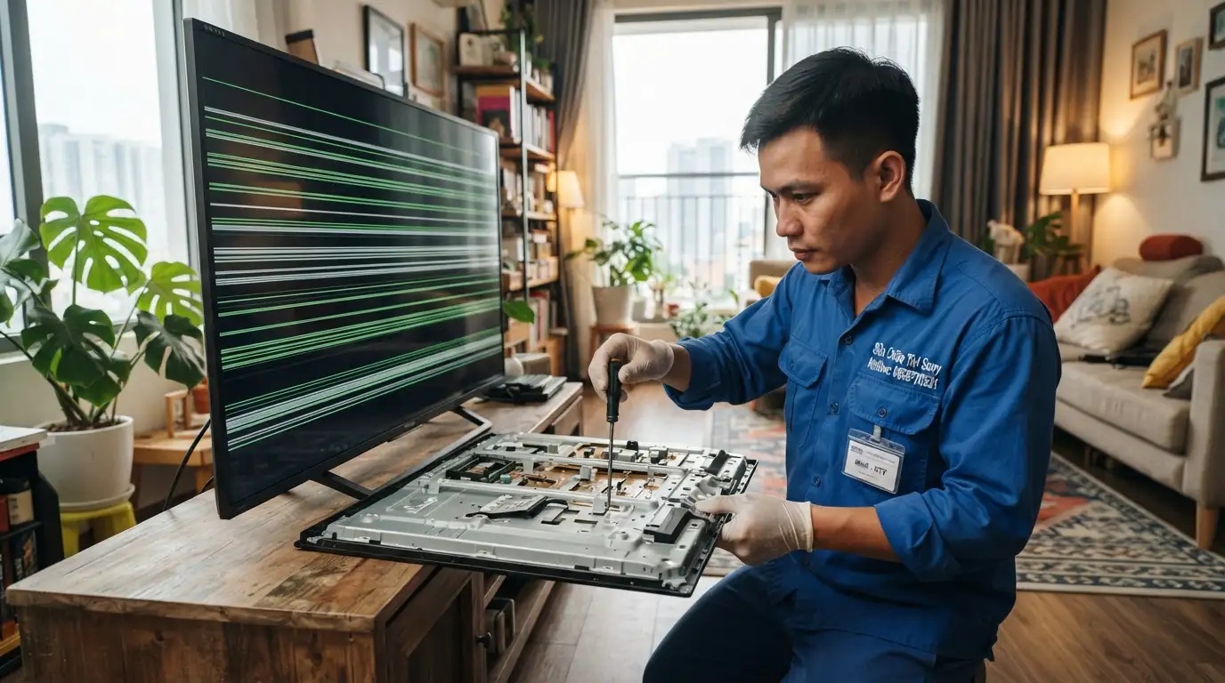 Kỹ thuật viên thao tác kiểm tra tivi sony sọc ngang màn hình tại nhà